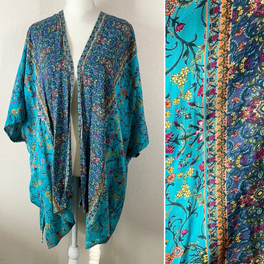 LOLA P Kimono Cardigan Top Boho Floral S M L Beach Cover-Up Resort Festival
